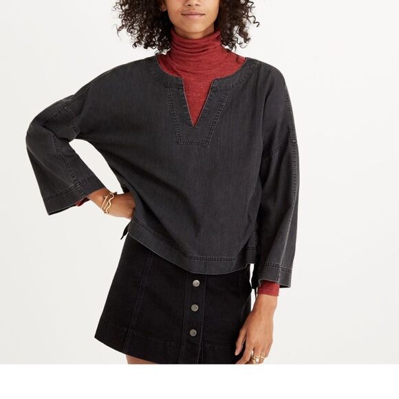 NWT Madewell Denim Side-Lace Top in Sloan Black Size M - Picture 2 of 9